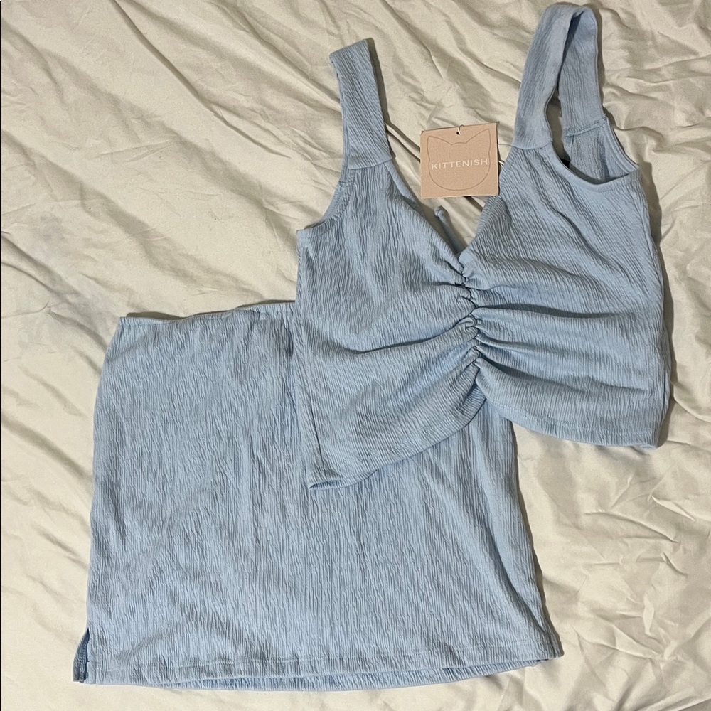 Kittenish Light Blue Ruched Tank and Skirt Set